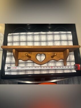Wood Wall Shelf with Heart Cutout and PegsHoney Brown